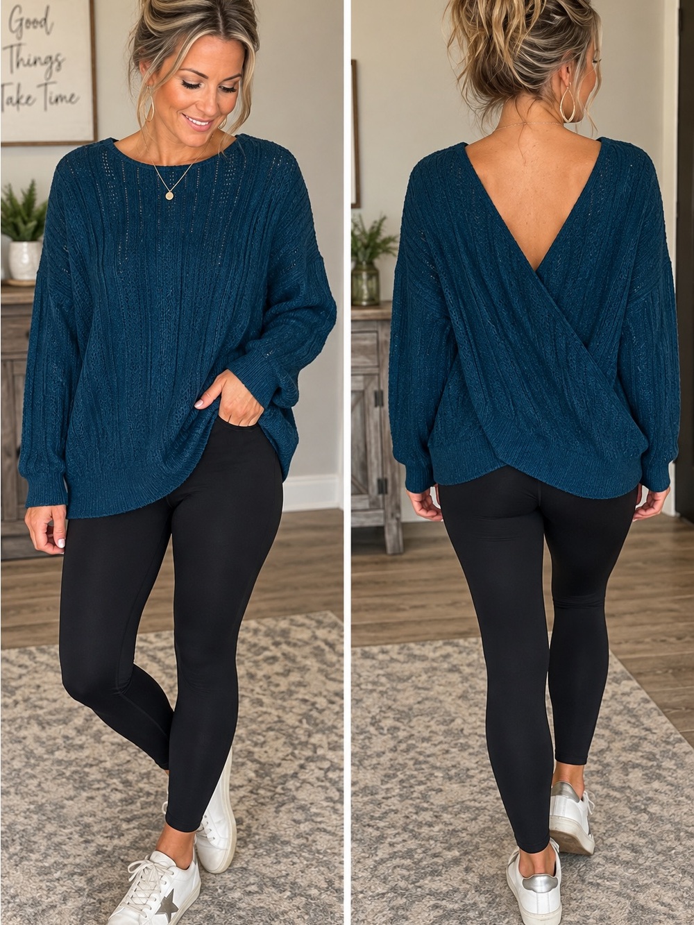 Maurices Teal Crewneck Knit Sweater with Twist Back